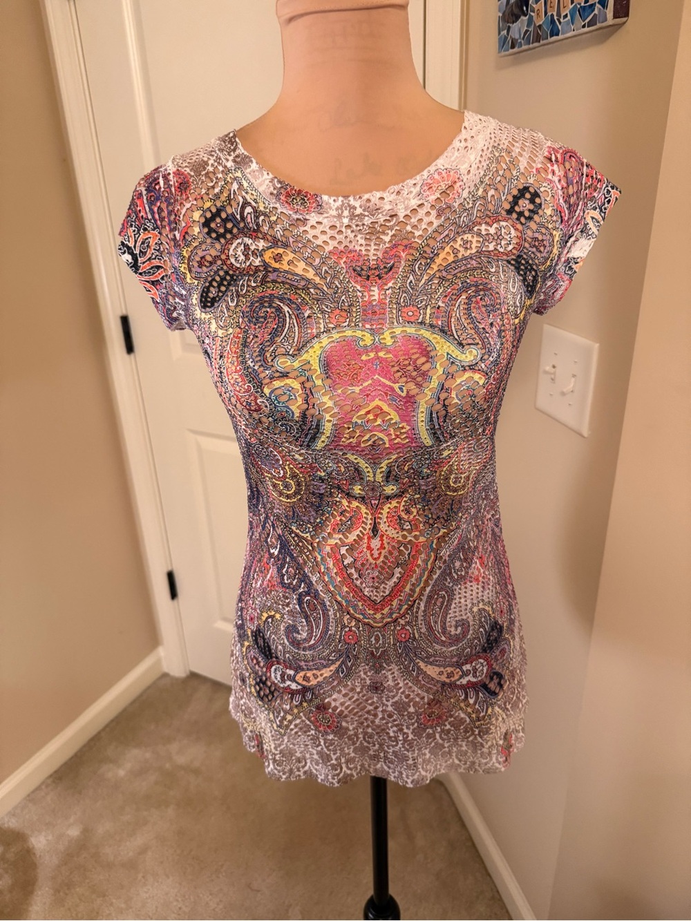 Body Central White Crochet Lace Top with Multicolor Accents